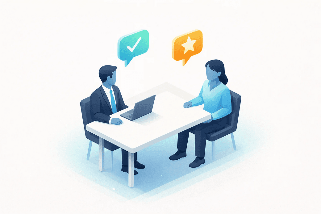 Interview expertise - two professionals in a meeting with feedback indicators