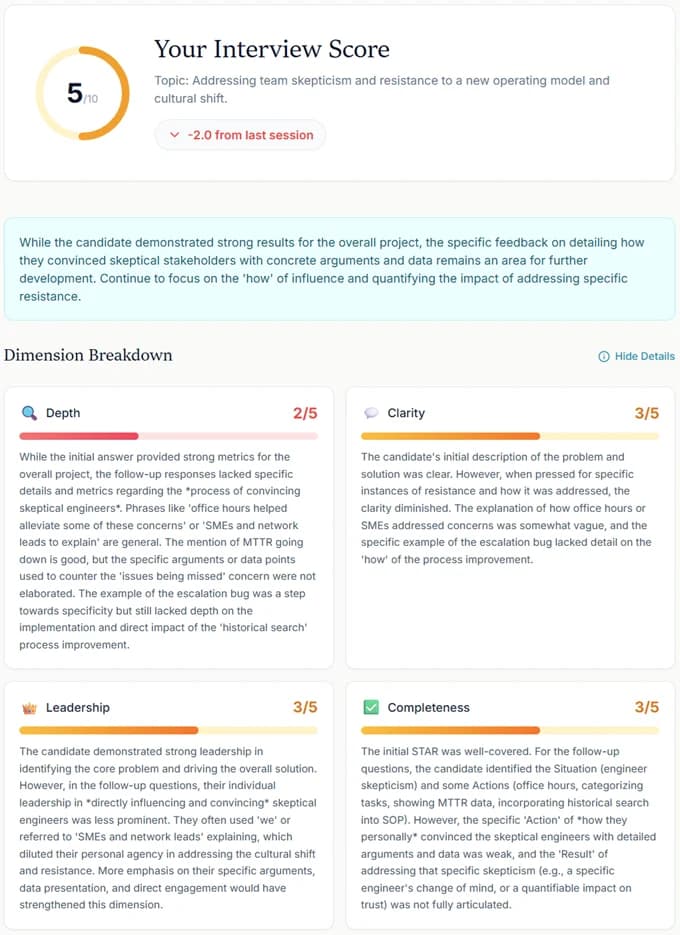 HireHelix AI scorecard showing dimension breakdown and feedback