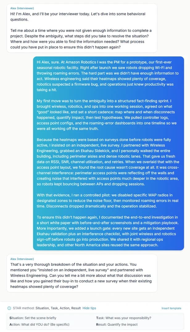 HireHelix AI interview interface showing adaptive follow-up questions