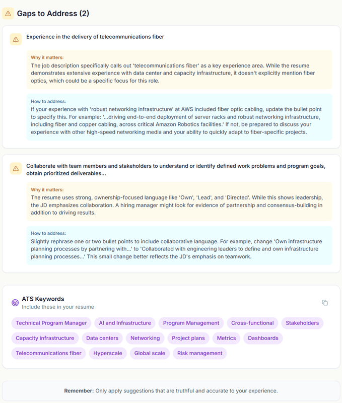 HireHelix AI resume analyzer showing gap analysis and story recommendations